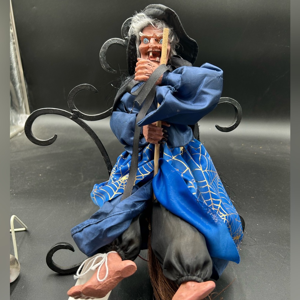 Blue Witch Figurine with Broom Halloween decor